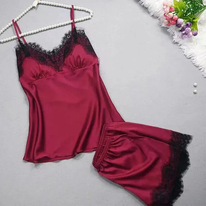 Pigiama Halter da donna 2 pezzi canotta e pantaloncini Home Wear rosso nero Sexy Lace S M ventilare il Comfort