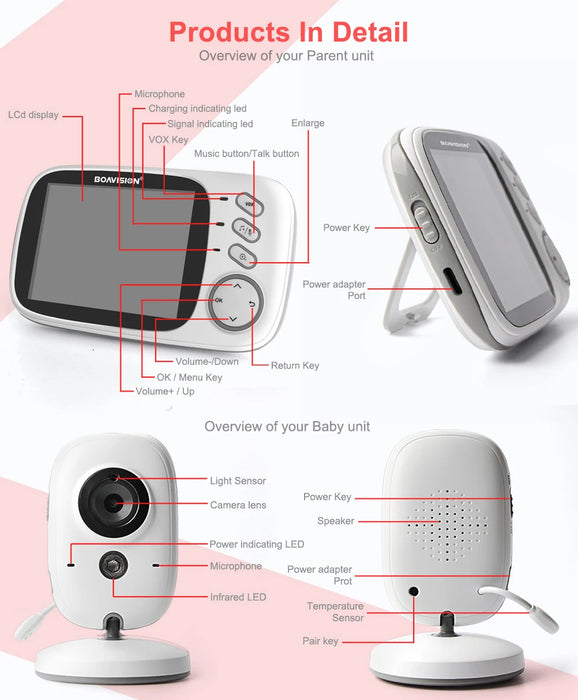 VB603 Video Baby Monitor 2.4G Wireless con LCD da 3.2 pollici Audio bidirezionale Conversazione Visione notturna Telecamera di sicurezza di sorveglianza Babysitter