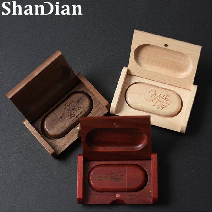 SHANDIAN LOGO gratuito in legno + scatola USB 2.0 Pen drive 4 GB 16 GB 32 GB 64 GB Flash Drive Memory stick fotografia di matrimonio regalo U Disco