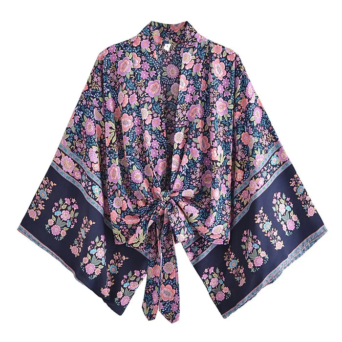 Happie Queens stampa floreale telai Kimono corto moda donna scollo a V maniche a pipistrello Robe Lady Boho Bikini Cover-up