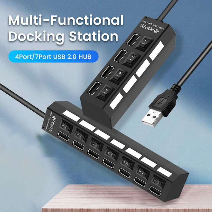 Hub USB 2.0 porte Splitter Multi USB Hub usa adattatore di alimentazione Hub espansore multiplo a 4/ 7 porte con cavo Switch da 30CM per la casa