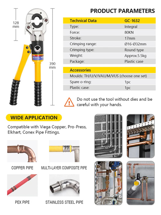 Strumenti idraulici per crimpare tubi Pex per magazzino Europa per tubi Pex, acciaio inossidabile e rame con ganasce TH, U, V, M, VAU