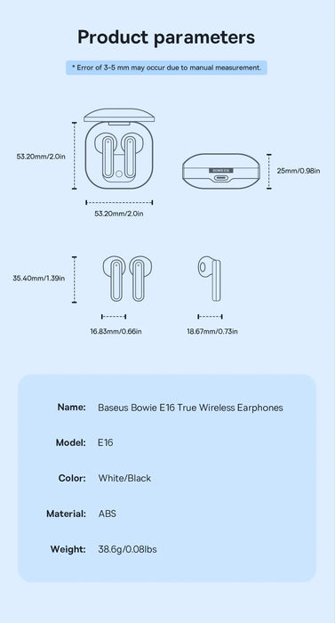 Baseus Bowie E16 auricolare Wireless Bluetooth 5.3 auricolari 30H lunga durata della batteria IPX4 auricolari per cuffie True Wireless impermeabili