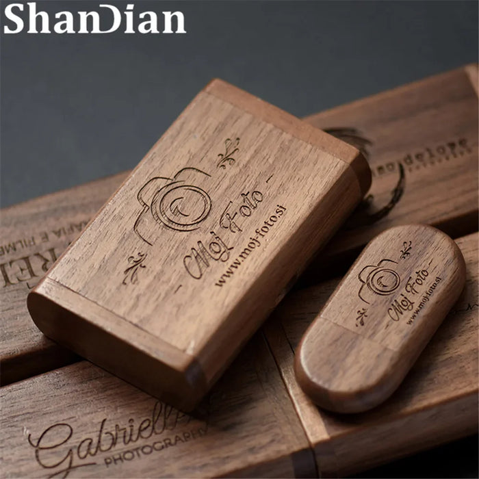 SHANDIAN LOGO gratuito in legno + scatola USB 2.0 Pen drive 4 GB 16 GB 32 GB 64 GB Flash Drive Memory stick fotografia di matrimonio regalo U Disco