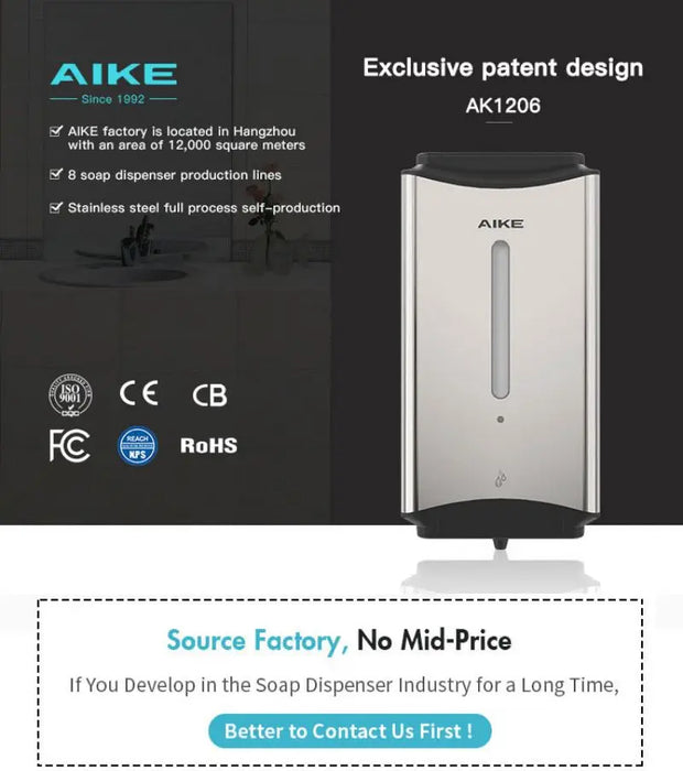 AIKE Dispenser automatico di sapone liquido da 1100ML Dispenser di liquido disinfettante per le mani da bagno Dispenser di sapone a parete in acciaio inossidabile