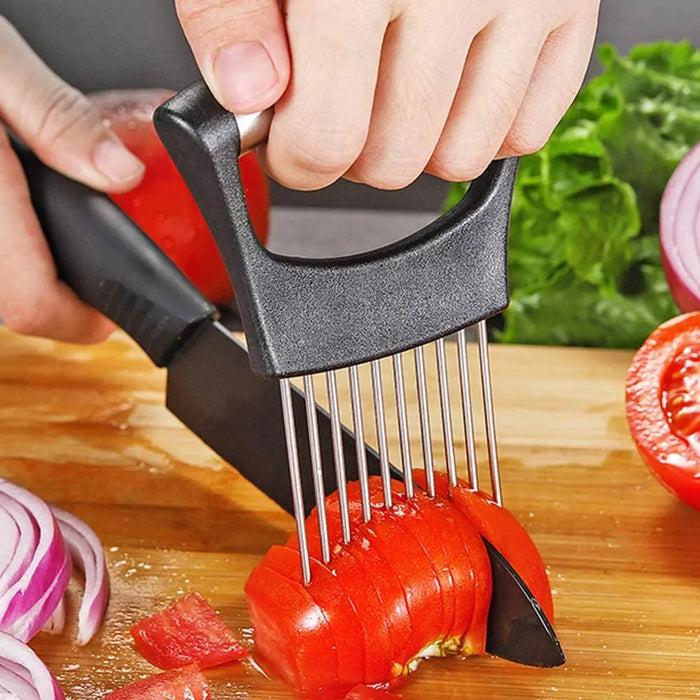 Stainless Steel Onion Needle With Cutting Safe Aid Holder Easy Slicer Cutter Tomato Safe Fork Handheld Vegetable Knife Kitchen