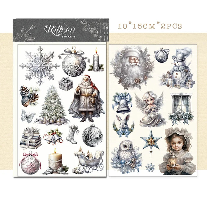 2 fogli Vintage Silver Christmas RUB ON Transfer Stickers Junk Journal Collage Snow Stickers Album fai da te Scrapbooking Stickers