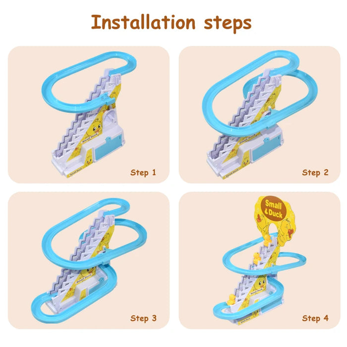 Scale da arrampicata per anatra udibile e visiva, pista elettrica per bambini, scivolo scorrevole per anatra gialla musicale