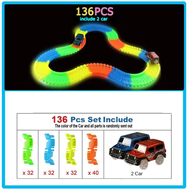 Glow Pista di Corsa Set 5 Ha Condotto La Luce Della Pista Auto Flessibile Incandescente Tracce Giocattolo 162/165/220/240 Pista flessibile Railway LED Auto