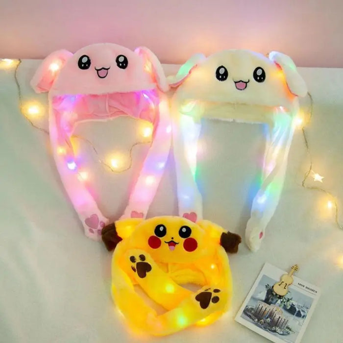 Bunny Ear Move Glowing Hat Pikachu Anime Rabbit Led Light Jumping Funny peluche Ear Moving Cartoon Hat for Kids Cosplay Party Cap