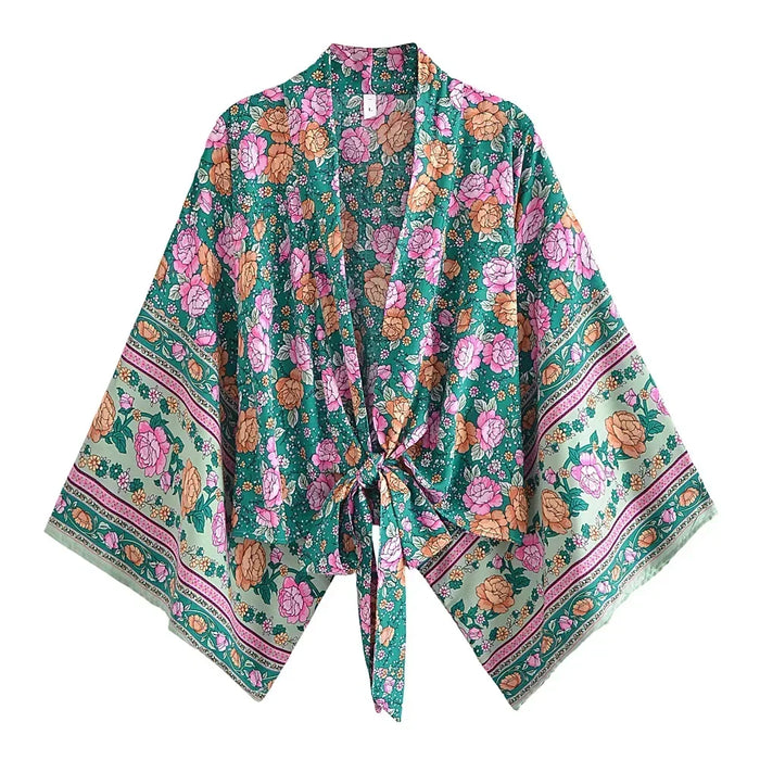 Happie Queens stampa floreale telai Kimono corto moda donna scollo a V maniche a pipistrello Robe Lady Boho Bikini Cover-up