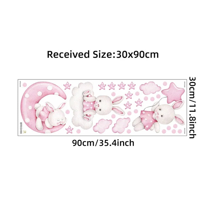 Acquerello morbido rosa 3 coniglietti coniglio luna nuvole stelle adesivi murali per camera dei bambini Baby Nursery Room decalcomanie da parete decorazioni per la casa PVC