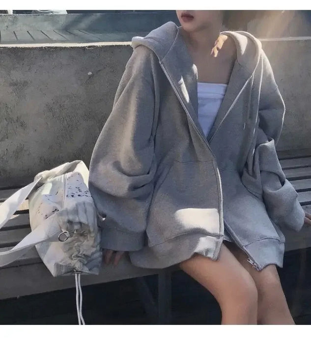 Duomofu stile coreano Oversize grigio felpe con cappuccio donna Streetwear sciolto felpa con cappuccio femminile Casual nero manica lunga top giacca