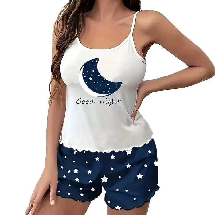 2 pezzi pigiama da donna pigiama da notte Set pigiama a maniche corte completo S M L Blue Moon Star Print ventilare Soft Comfort Home Leisure