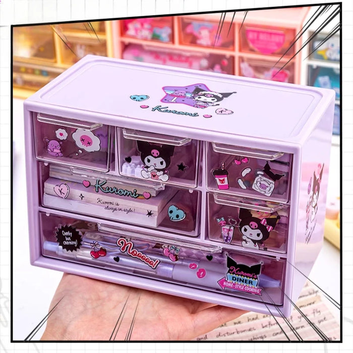 Sanrio 6 scatola portaoggetti a griglia cassetto da tavolo scatola di organizzazione trasparente portapenne da scrivania invia adesivi Kuromi Melody Cinnamoroll