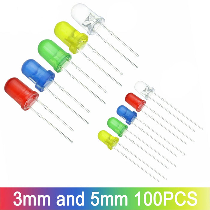 100 Pz/lotto 3mm 5mm F3 F5 LED Rotondo Ultra Luminoso Bianco Verde Giallo Blu Bianco Rosso Diodo Emettitore di Luce Per Il Kit Fai Da Te