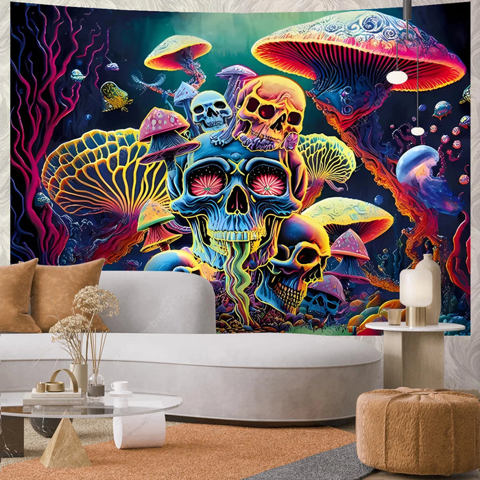 Teschio psichedelico arazzo reattivo UV Hippie scheletro arazzo appeso a parete gotico decorazioni per la casa decorazioni per la stanza forniture per stregoneria