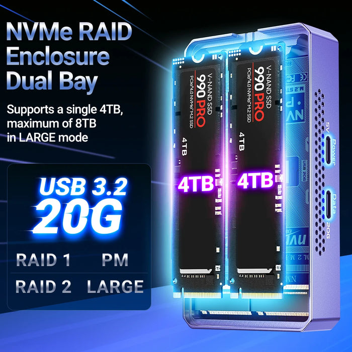 JEYI Dual Nvme Enclosure, custodia RAID Hardware a 2 alloggiamenti, custodia SSD con velocità di trasmissione da 20Gbps, supporto RAID0/ RAID1/ Large/ JBOD