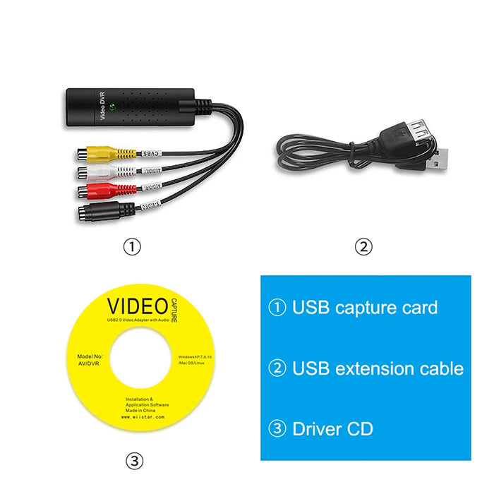 Scheda di acquisizione video USB Easy Cap VHS VCR Mini DV Hi8 Convertitore da DVD a digitale RCA/S-video a USB 2.0 Acquisizione registrazione audio video