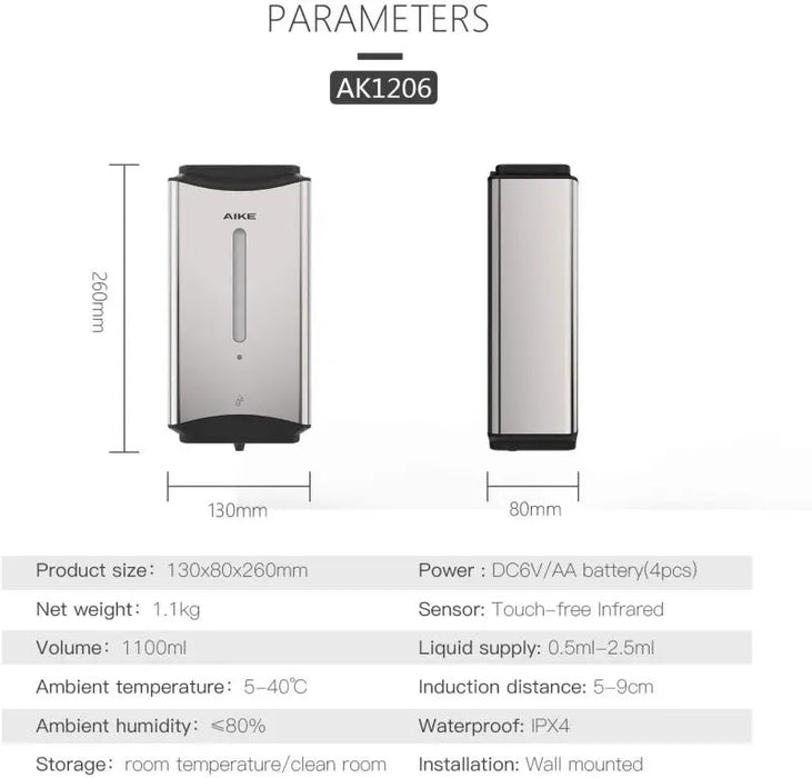 AIKE Dispenser automatico di sapone liquido da 1100ML Dispenser di liquido disinfettante per le mani da bagno Dispenser di sapone a parete in acciaio inossidabile