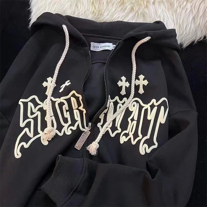 Felpe con ricamo Goth donna High Street Harajuku Retro Hip Hop Zip Up felpa con cappuccio uomo sciolto felpa con cappuccio vestiti Y2K felpa con cappuccio