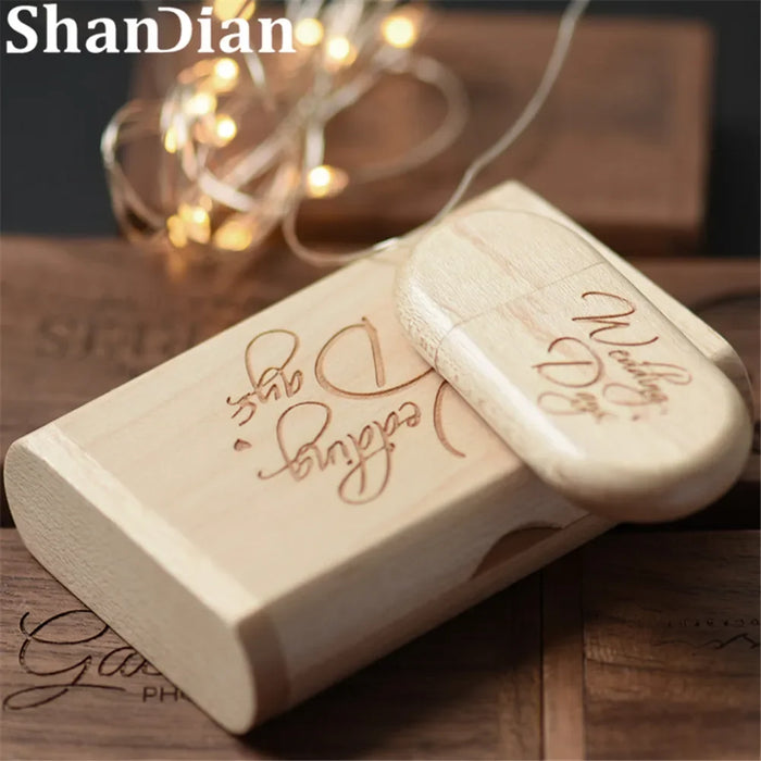 SHANDIAN LOGO gratuito in legno + scatola USB 2.0 Pen drive 4 GB 16 GB 32 GB 64 GB Flash Drive Memory stick fotografia di matrimonio regalo U Disco