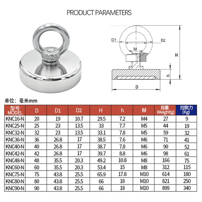 Ganci per magneti da pesca al neodimio Super resistenti magnete per impieghi gravosi N52 con occhiello a foro svasato magneti per ricerca di salvataggio da 16-90mm