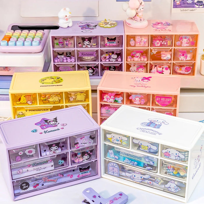 Sanrio 6 scatola portaoggetti a griglia cassetto da tavolo scatola di organizzazione trasparente portapenne da scrivania invia adesivi Kuromi Melody Cinnamoroll