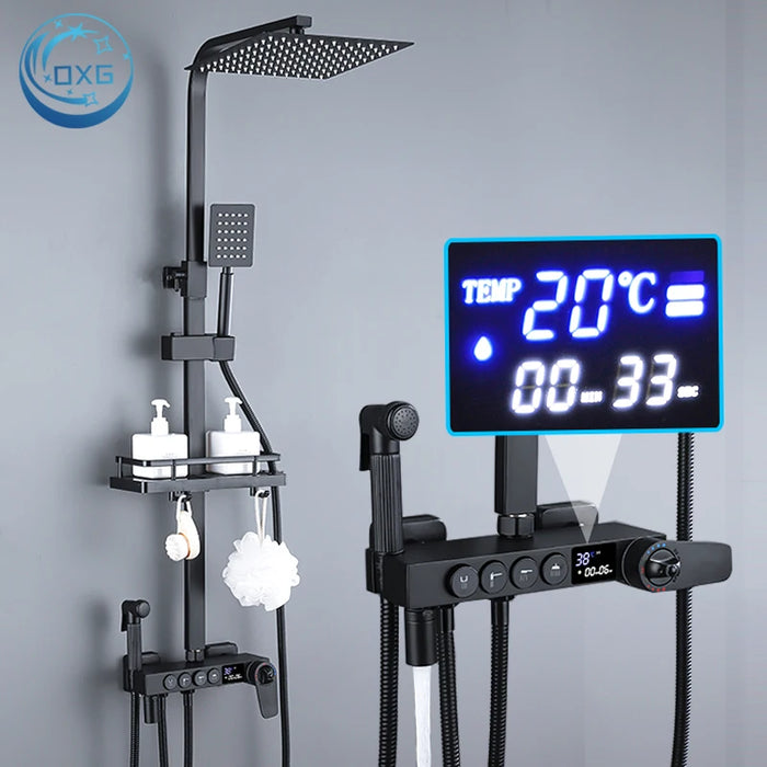 Set di rubinetti termostatici per doccia OXG nero/cromato Display digitale, miscelatore per doccia da bagno, sistema doccia in ottone, Set doccia a pioggia