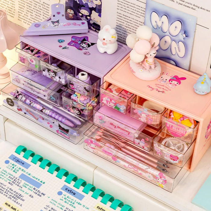 Sanrio 6 scatola portaoggetti a griglia cassetto da tavolo scatola di organizzazione trasparente portapenne da scrivania invia adesivi Kuromi Melody Cinnamoroll