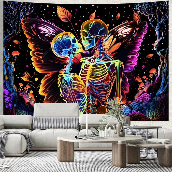 Teschio psichedelico arazzo reattivo UV Hippie scheletro arazzo appeso a parete gotico decorazioni per la casa decorazioni per la stanza forniture per stregoneria