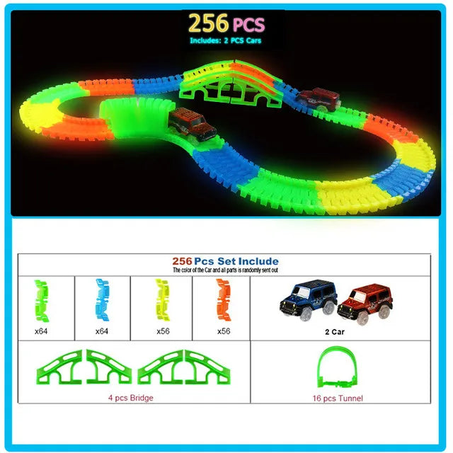 Glow Pista di Corsa Set 5 Ha Condotto La Luce Della Pista Auto Flessibile Incandescente Tracce Giocattolo 162/165/220/240 Pista flessibile Railway LED Auto