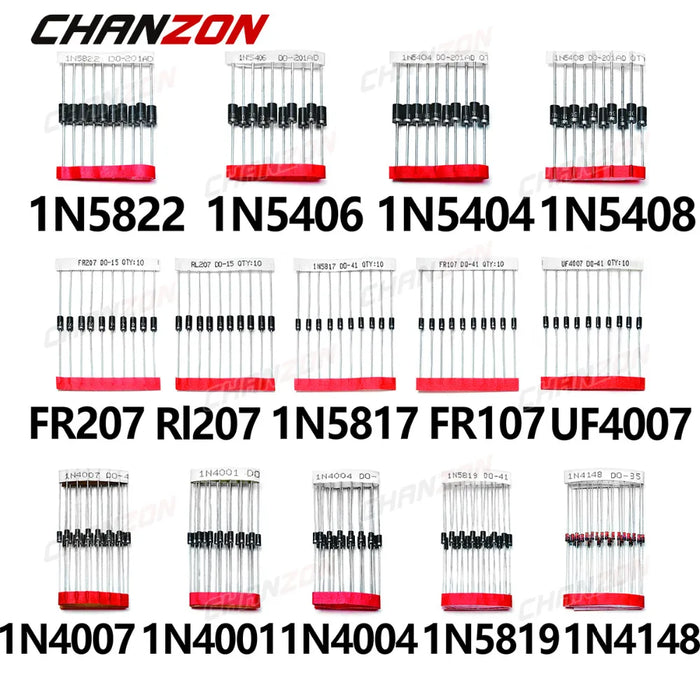 Kit assortito diodi Schottky a commutazione rapida da 14 valori 1N4001 1N4004 1N4007 1N5408 UF4007 FR207 1N5817 1N5819 1N5822 1N4148 RL207