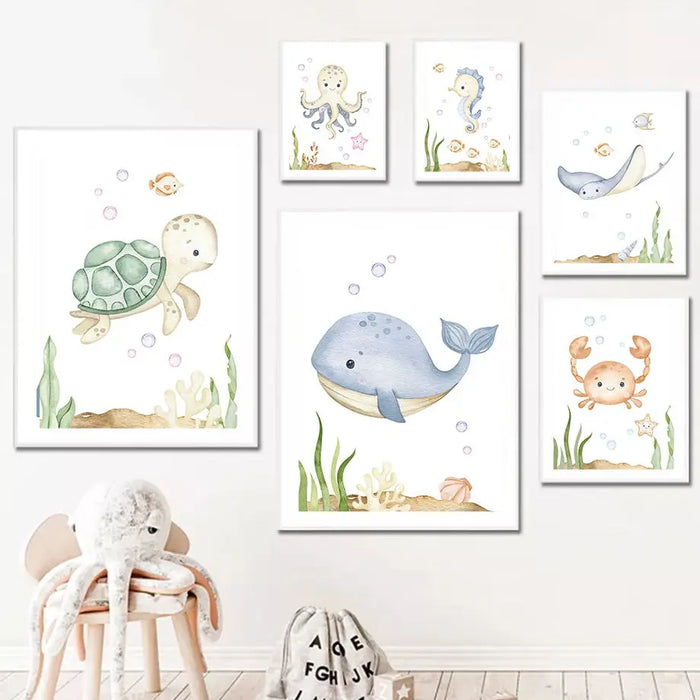 Devilfish Whale cavalluccio marino tartaruga alfabeto Octopus Crab Nursery Wall Art Print Canvas Painting Nordic poster Baby Kids Room Decor