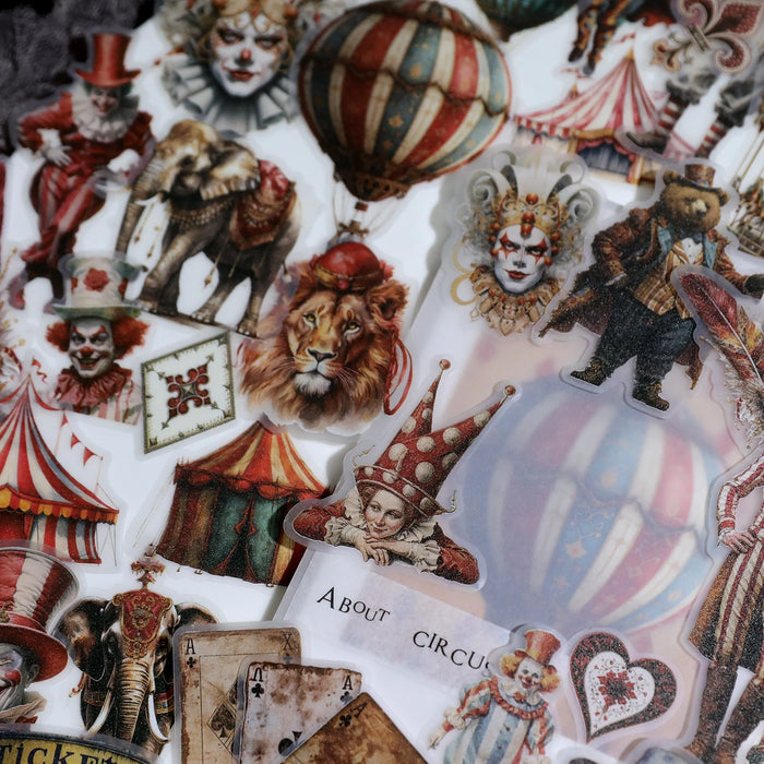 58pcs Retro Clown Stickers Collage Junk Journal Planner decorativo Circus Lion Stickers Album trasparente materiale Scrapbooking