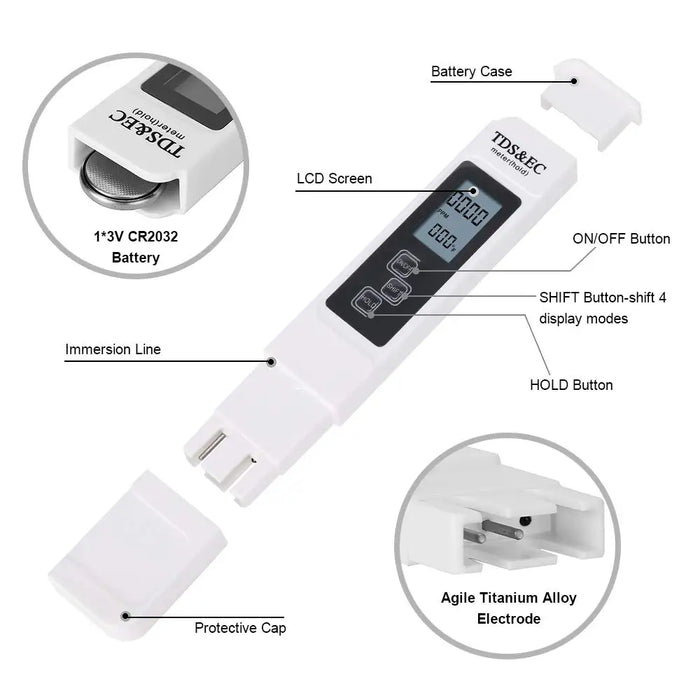 1PC White Digital Water Quality Tester TDS EC Meter Range da 0 a 9990 Tester PPM multifunzionale per temperatura di purezza dell'acqua