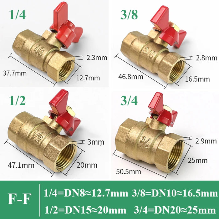 1/4 "3/8" 1/2 "3/4" filetto femmina a femmina valvola a sfera di intercettazione in ottone a due vie con impugnatura a farfalla per Gas combustibile acqua olio aria