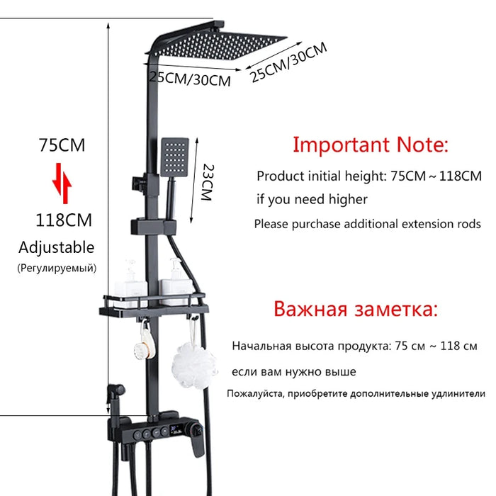 Set di rubinetti termostatici per doccia OXG nero/cromato Display digitale, miscelatore per doccia da bagno, sistema doccia in ottone, Set doccia a pioggia