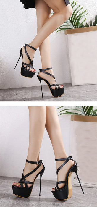 Liyke Summer Sexy 17CM sandali con plateau da donna Fashion Open Toe Buckle Strap tacchi alti Super sottili spogliarellista Pole Dance Shoe nero