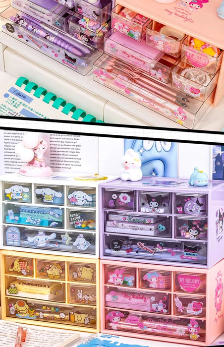 Sanrio 6 scatola portaoggetti a griglia cassetto da tavolo scatola di organizzazione trasparente portapenne da scrivania invia adesivi Kuromi Melody Cinnamoroll