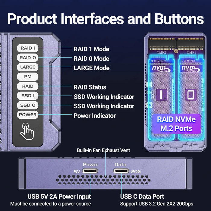 JEYI Dual Nvme Enclosure, custodia RAID Hardware a 2 alloggiamenti, custodia SSD con velocità di trasmissione da 20Gbps, supporto RAID0/ RAID1/ Large/ JBOD