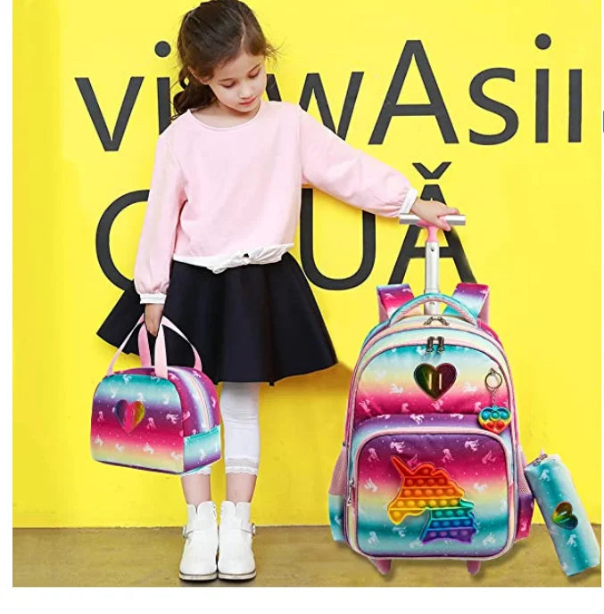 Set di zaini per bambini 3 pezzi con ruote borsa per Trolley da scuola con borsa per il pranzo zaino per la scuola zaino con ruote per ragazze