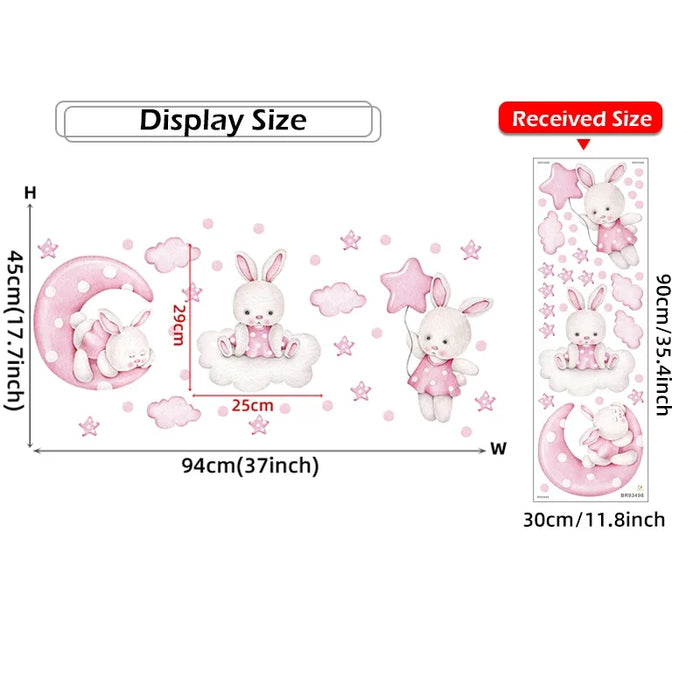 Acquerello morbido rosa 3 coniglietti coniglio luna nuvole stelle adesivi murali per camera dei bambini Baby Nursery Room decalcomanie da parete decorazioni per la casa PVC