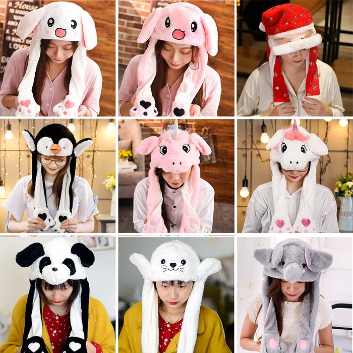 Cartoon Bunny Ear Move Hat Jumping up Toys Rabbit Girls Animal peluche Costume Cosplay Cap Kids Party for Adult Funny Anime Hat