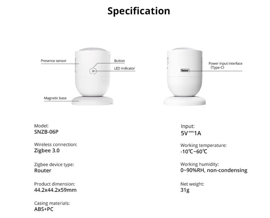 SONOFF SNZB-06P Zigbee sensore di presenza umana 5.8GHz Radar a microonde Smart Home Zigbee 3.0 bisogno Hub Zigbee tramite eWelink Alexa