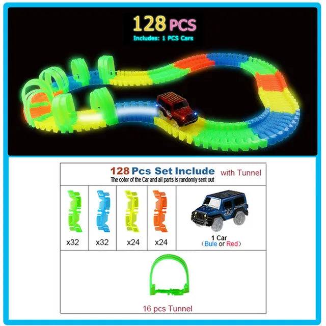 Glow Pista di Corsa Set 5 Ha Condotto La Luce Della Pista Auto Flessibile Incandescente Tracce Giocattolo 162/165/220/240 Pista flessibile Railway LED Auto