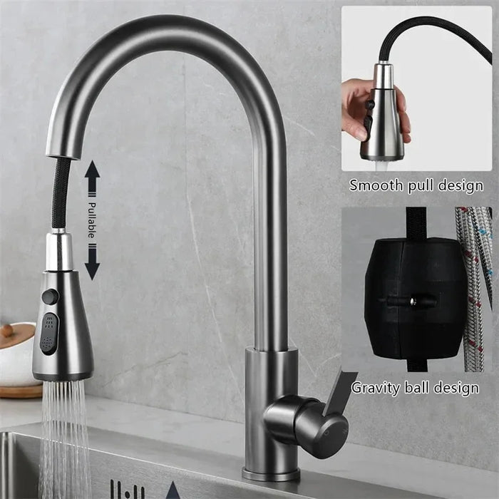 Rubinetti da cucina 304 in acciaio inox estraibile lavello da cucina rubinetto dell'acqua miscelatore montato sul ponte testa spruzzatore a flusso rubinetti caldi e freddi