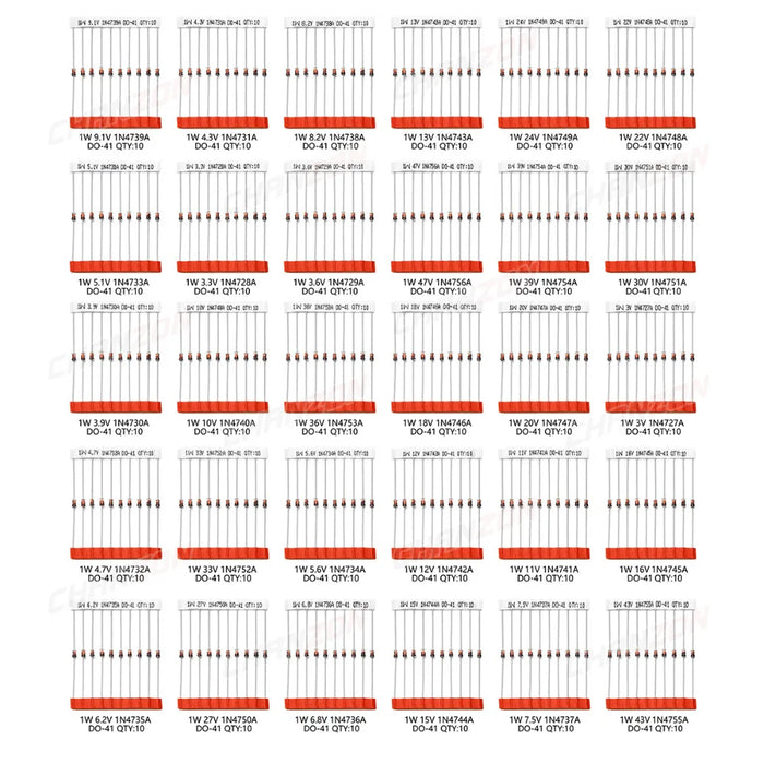 Kit assortito diodi Zener da 30 valori 1W 3V 3.3V 3.6V 5.1V 5.6V 7.5V 10V 12V 13V 15V 16V 18V 20V 22V 24V 30V 33V 47V Set di assortimento