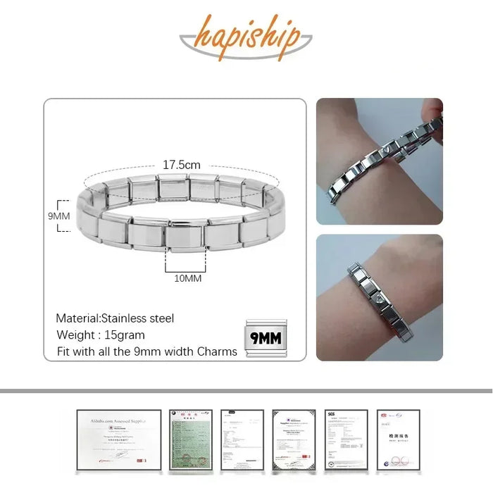 Hapiship Nuovi gioielli da donna Larghezza 9 mm Bracciale con ciondolo elastico Itanlian Bracciale in acciaio inossidabile moda ST-