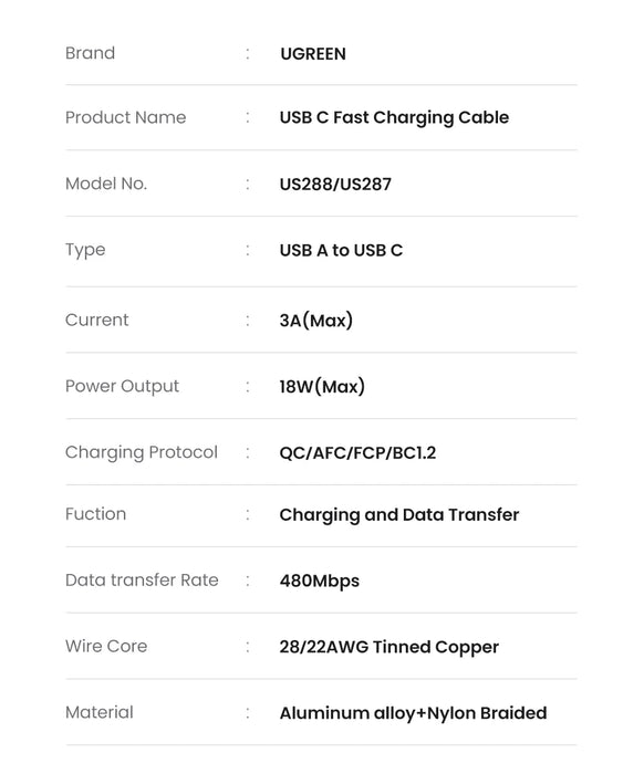 Cavo USB tipo C UGREEN 3A per Realme Xiaomi Samsung S21 cavo di ricarica rapida USB-C cavo dati caricabatterie per iPad Samsung Poco USB C